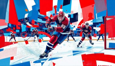A fractured, multi-perspective painting featuring sharp, overlapping geometric planes in the colors of the Montreal Canadiens, conceptually representing the explosive movements and shots of a skilled hockey player.