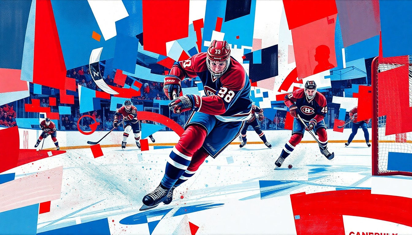 A fractured, multi-perspective painting featuring sharp, overlapping geometric planes in the colors of the Montreal Canadiens, conceptually representing the explosive movements and shots of a skilled hockey player.