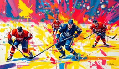 An abstract, expressionist painting in neon colors depicting the frenetic energy and movement of a hockey game, with players
