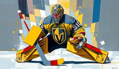 A cubist-style painting depicting a hockey goaltender making a save, with the player