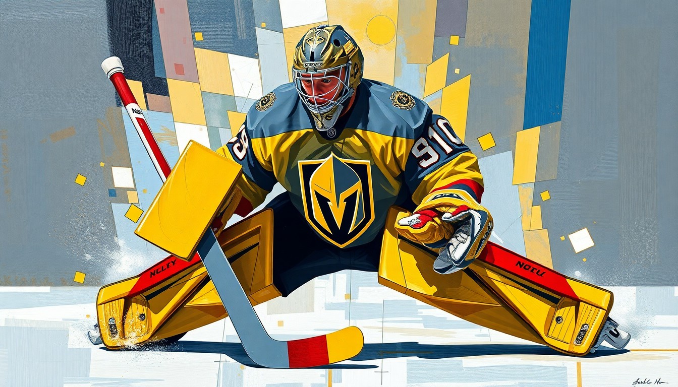A cubist-style painting depicting a hockey goaltender making a save, with the player