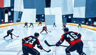 A cubist-style painting featuring fragmented geometric shapes and planes representing a hockey game, with blurred player figures and hockey equipment, conveying the disjointed and unsettling nature of the reported incident.