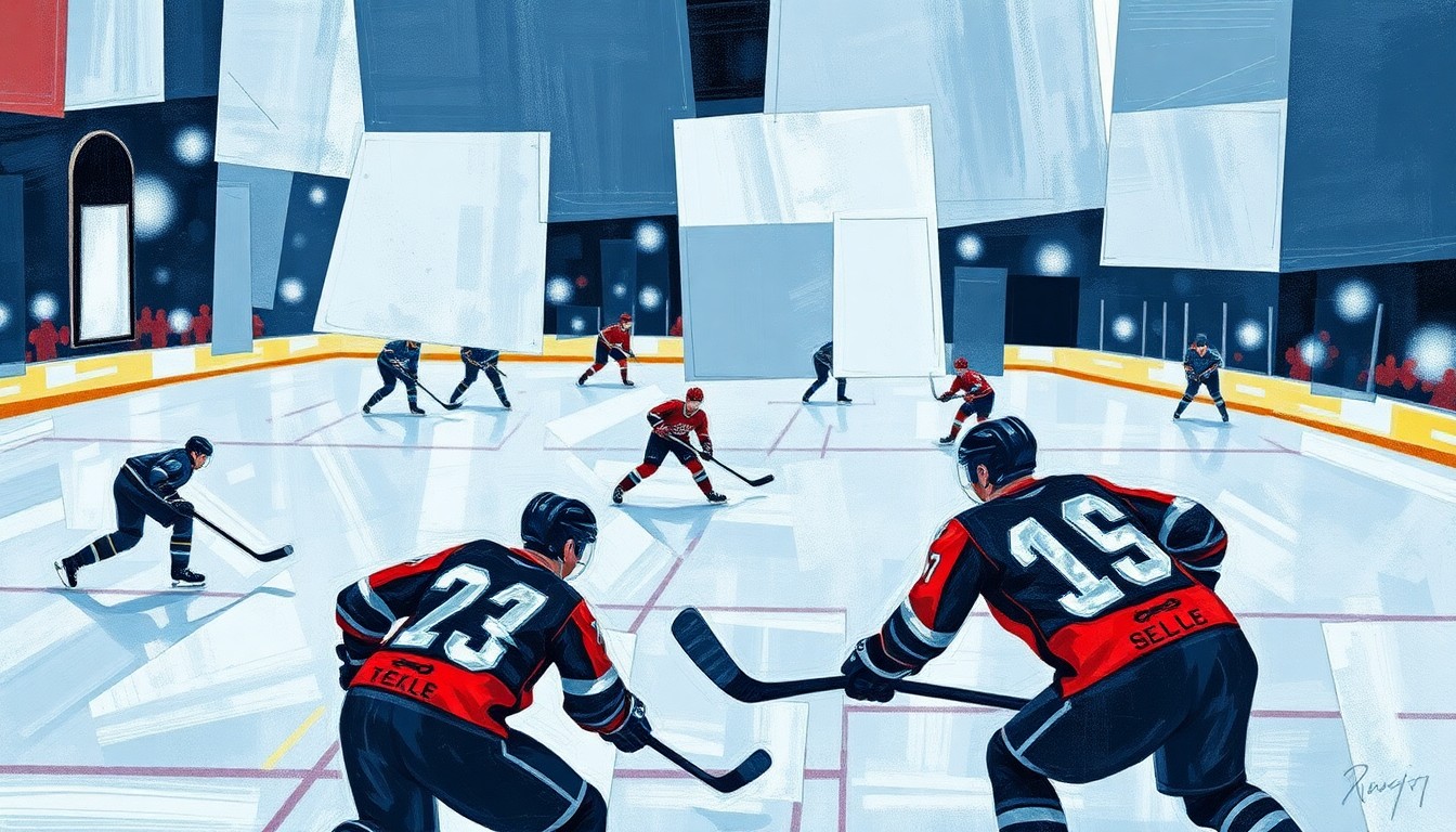 A cubist-style painting featuring fragmented geometric shapes and planes representing a hockey game, with blurred player figures and hockey equipment, conveying the disjointed and unsettling nature of the reported incident.