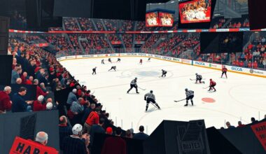 A cubist, geometric painting depicting a fragmented hockey game scene, with overlapping planes of ice, players, and fans, conveying the unsettling nature of the reported Nazi salute incident.