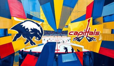 A cubist, geometric painting depicting a hockey game between the Buffalo Sabres and Washington Capitals, with the players and action broken down into sharp, overlapping planes of blue, gold, and red.