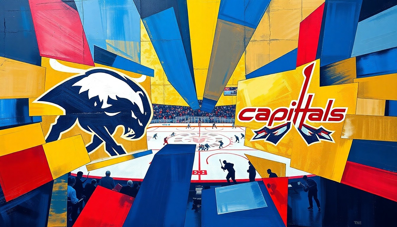 A cubist, geometric painting depicting a hockey game between the Buffalo Sabres and Washington Capitals, with the players and action broken down into sharp, overlapping planes of blue, gold, and red.