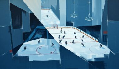 A fractured, cubist-style painting depicting a hockey game or match, with sharp geometric planes in muted tones of blue, gray, and white, hinting at the dynamic action and strategic play on the ice.