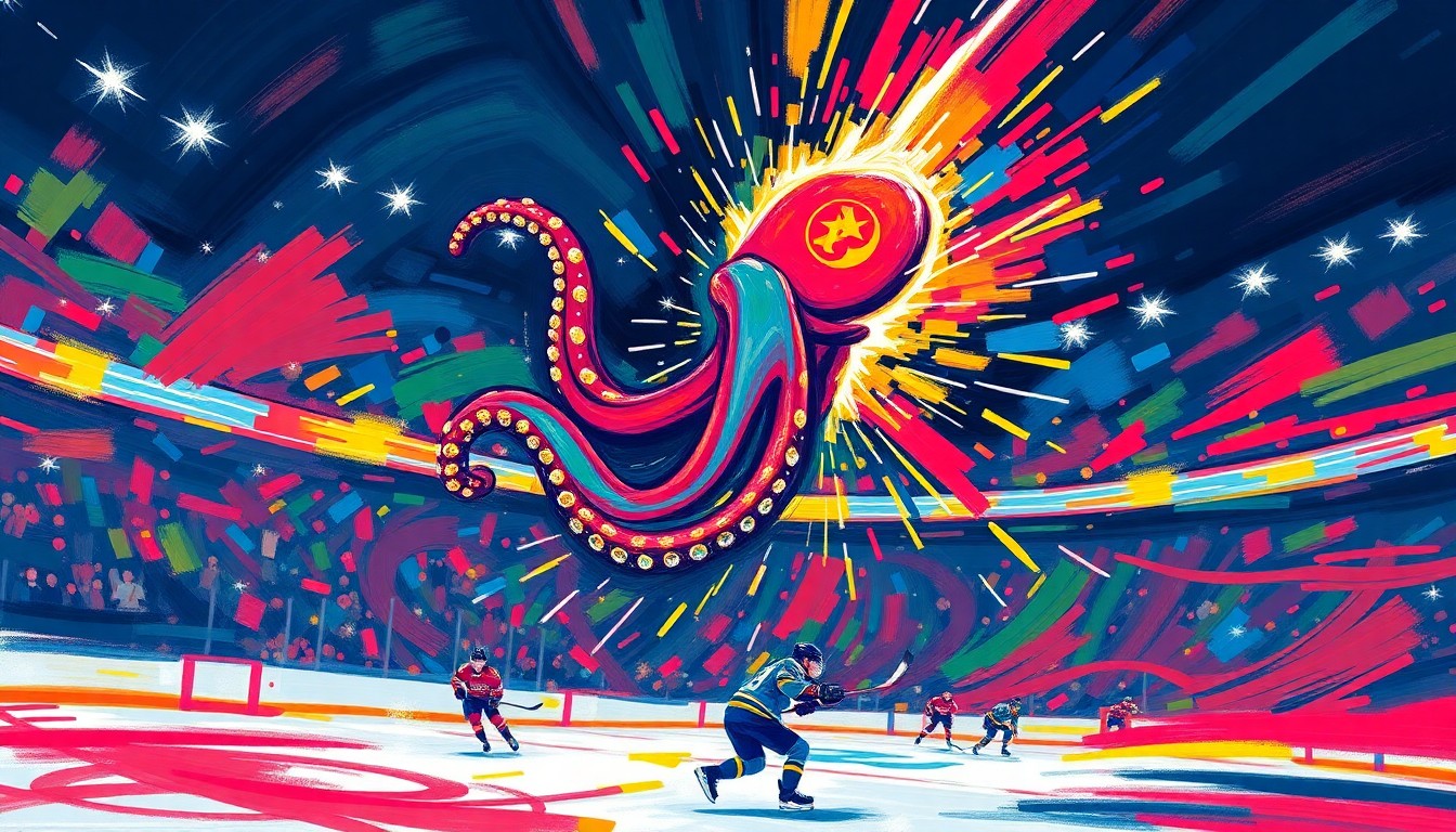 An abstract, expressionist painting featuring bold, neon-colored brushstrokes that capture the dynamic energy of a hockey game, with a central focus on a stylized octopus tentacle representing the Seattle Kraken