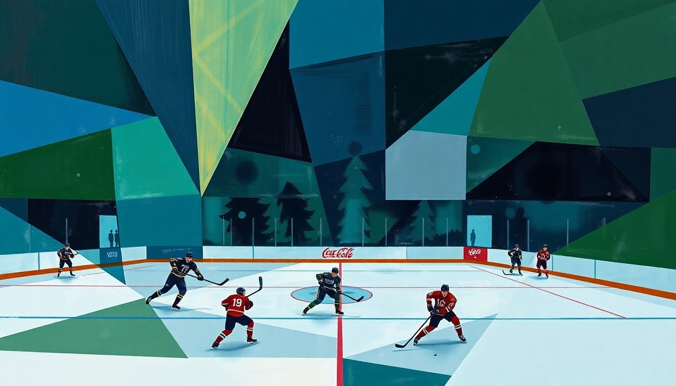 A cubist, geometric painting depicting a hockey game, with overlapping planes of navy, green, and blue representing the players, puck, and ice in an abstract, deconstructed style.