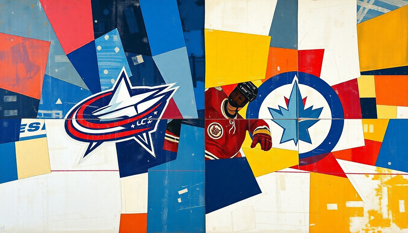 A cubist, geometric painting depicting a hockey game between the Columbus Blue Jackets and Winnipeg Jets, with the players and action broken down into overlapping angular shapes and planes in the teams
