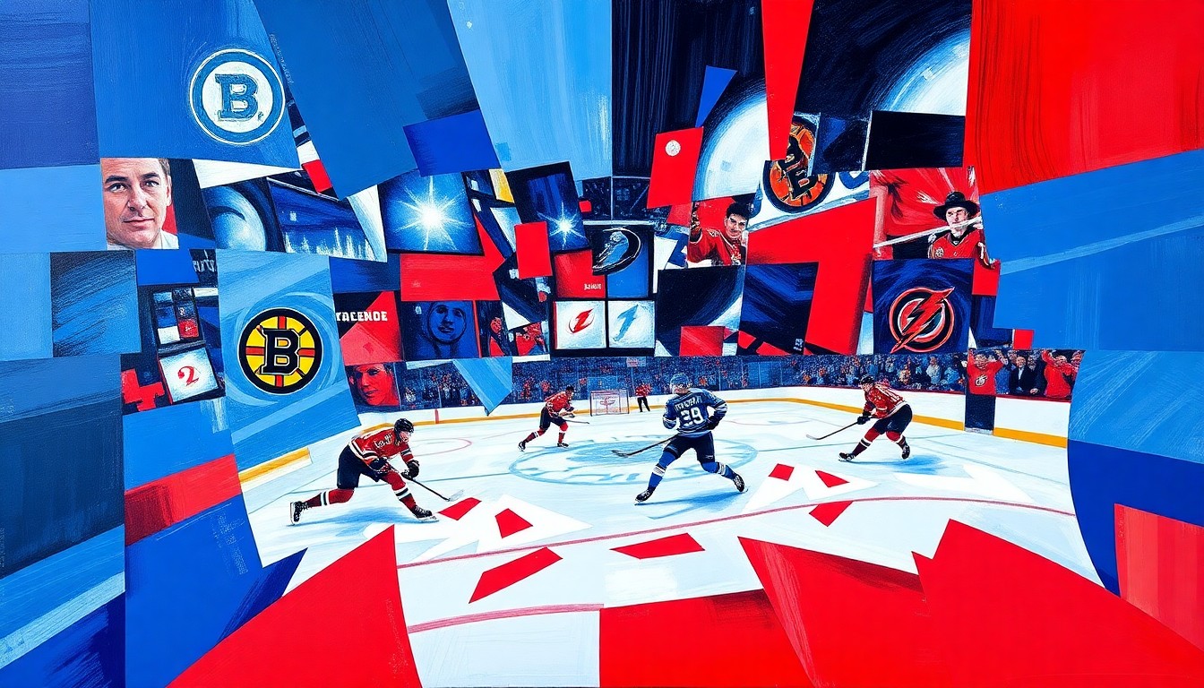 A cubist, geometric painting depicting a hockey game between the Boston Bruins and Tampa Bay Lightning, with sharp, overlapping planes of blue, red, and white capturing the speed and intensity of the playoff-bound teams.
