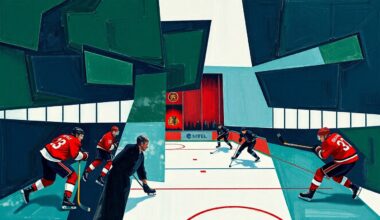 A cubist, geometric painting depicting a hockey game, with sharp, overlapping planes of navy, green, and red representing the dynamic action on the ice.