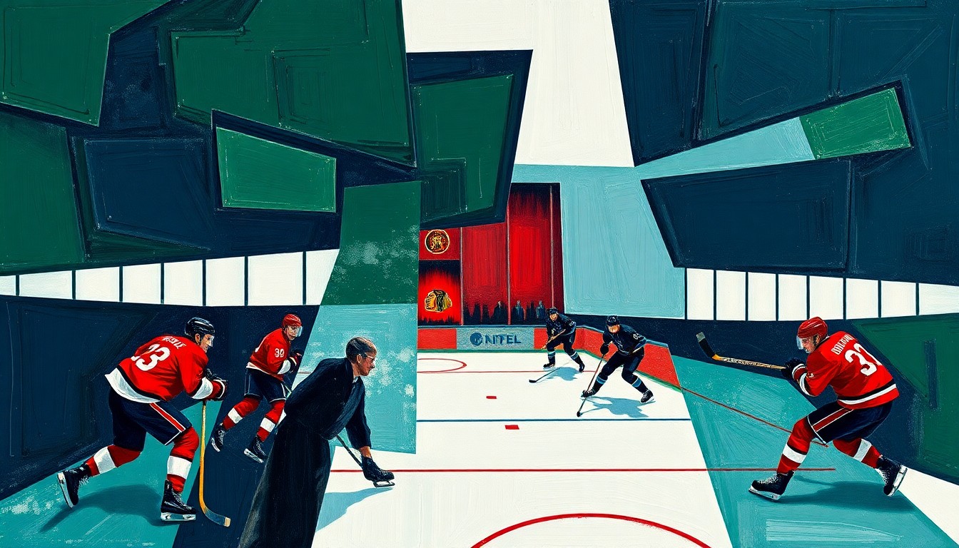A cubist, geometric painting depicting a hockey game, with sharp, overlapping planes of navy, green, and red representing the dynamic action on the ice.