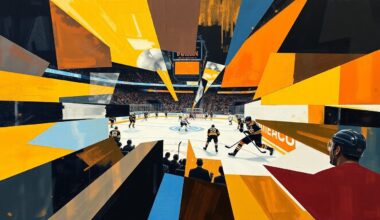 A fragmented, geometric painting depicting a hockey game between two teams, with sharp planes of color and overlapping shapes representing the intensity and competition of the sport.