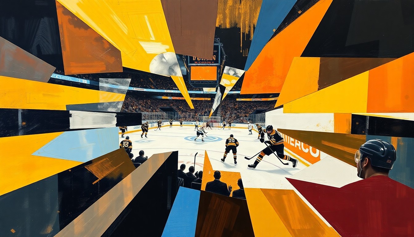 A fragmented, geometric painting depicting a hockey game between two teams, with sharp planes of color and overlapping shapes representing the intensity and competition of the sport.