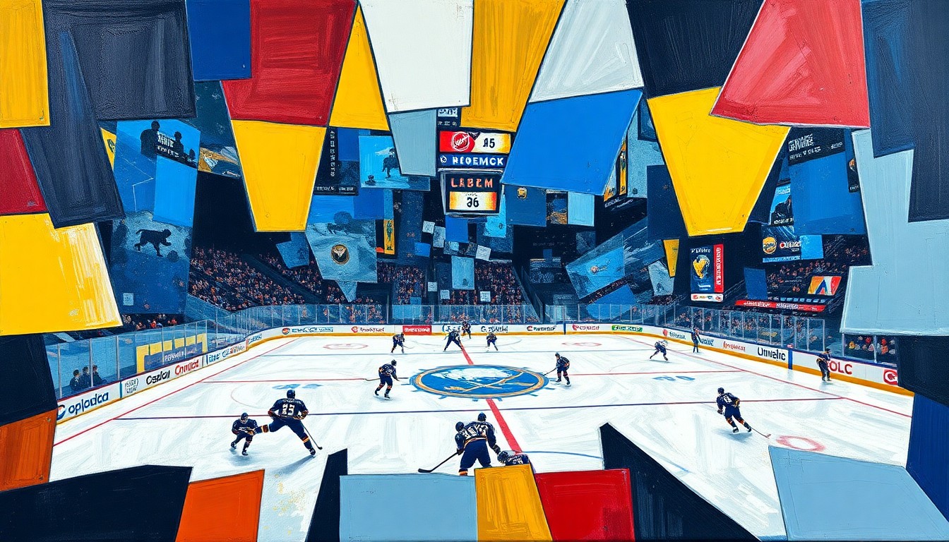 A cubist, geometric painting depicting the action of a hockey game, with players and the rink broken down into overlapping angular shapes and planes in shades of blue, red, and white.
