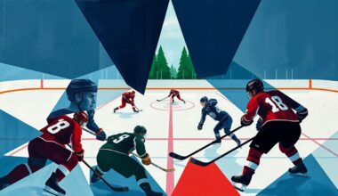 A fractured, multi-perspective painting depicting a hockey game, with the players and ice reduced to angular, abstracted forms in a palette of navy blue, forest green, and crimson red.
