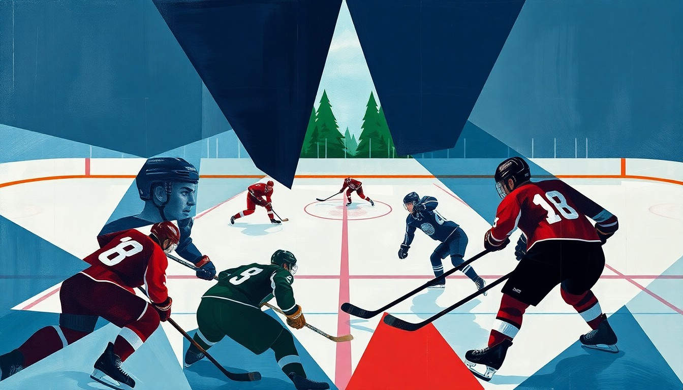 A fractured, multi-perspective painting depicting a hockey game, with the players and ice reduced to angular, abstracted forms in a palette of navy blue, forest green, and crimson red.