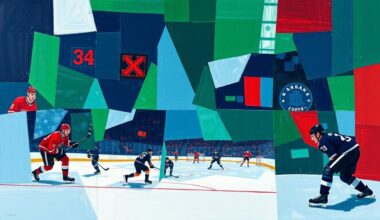 A cubist, geometric painting depicting a hockey game or match, with sharp, overlapping planes of color representing the dynamic action on the ice.