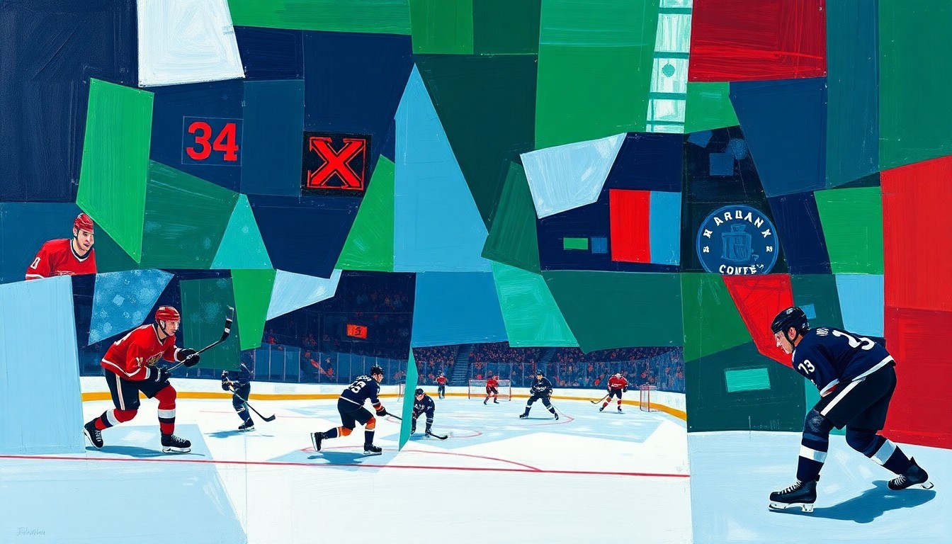 A cubist, geometric painting depicting a hockey game or match, with sharp, overlapping planes of color representing the dynamic action on the ice.