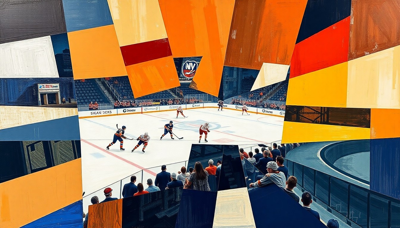 A cubist, geometric painting depicting a hockey game, with players and the rink broken down into overlapping angular shapes and planes in a vibrant color palette.