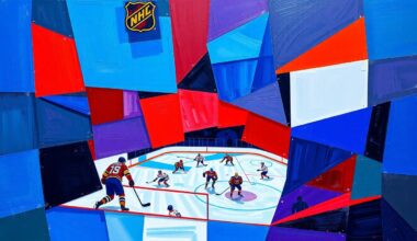 A cubist, geometric painting depicting a hockey game, with sharp, overlapping planes of color representing the fast-paced action on the ice.