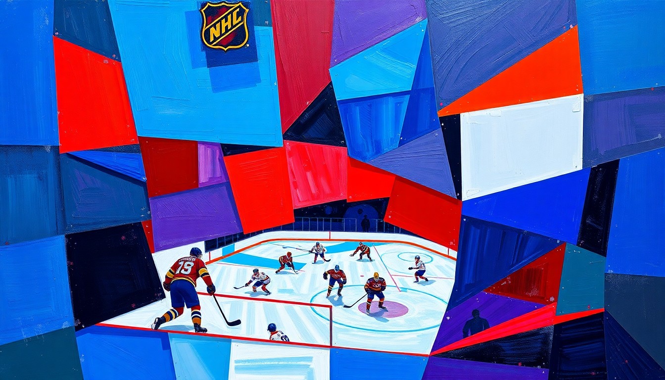A cubist, geometric painting depicting a hockey game, with sharp, overlapping planes of color representing the fast-paced action on the ice.