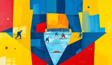 A cubist, geometric painting depicting a hockey game, with overlapping planes of blue, yellow, and red representing the players, puck, and arena.