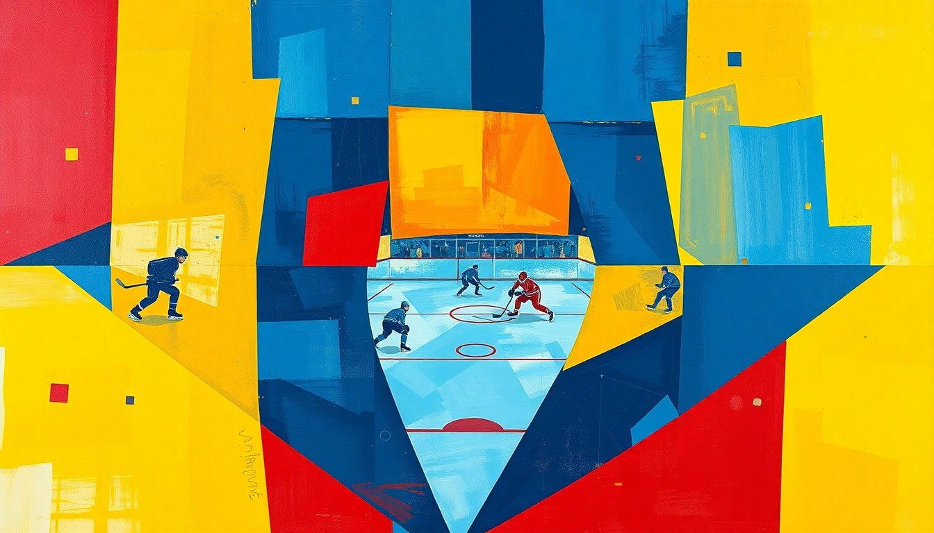 A cubist, geometric painting depicting a hockey game, with overlapping planes of blue, yellow, and red representing the players, puck, and arena.