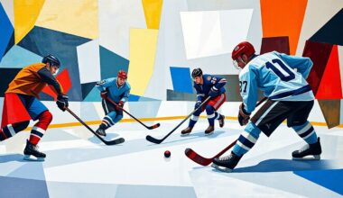 A cubist, geometric painting depicting a hockey game, with the players