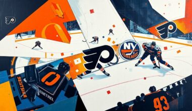 A cubist, geometric painting depicting a hockey game between the Philadelphia Flyers and New York Islanders, with sharp, overlapping planes of color representing the players and action on the ice.