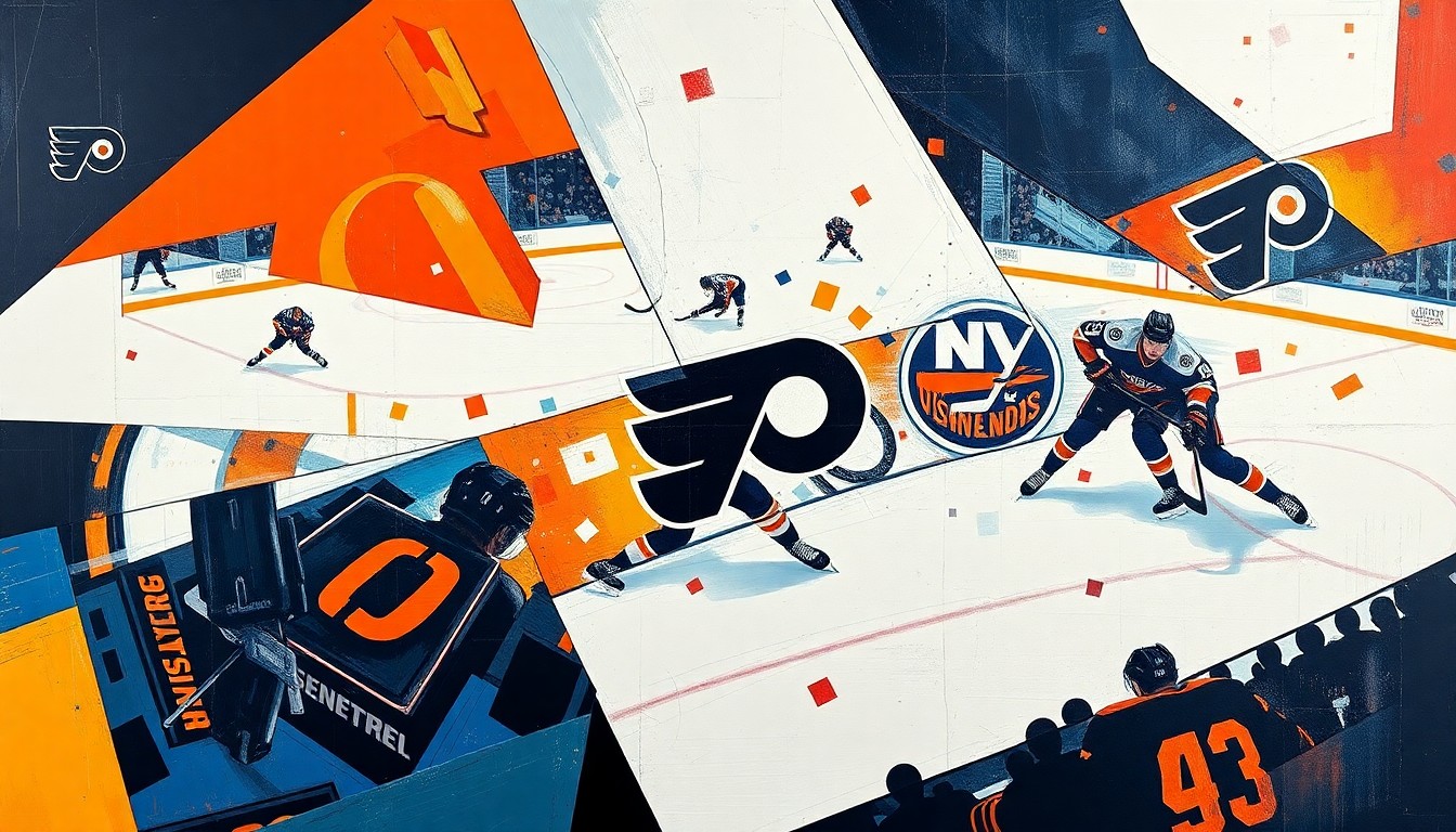 A cubist, geometric painting depicting a hockey game between the Philadelphia Flyers and New York Islanders, with sharp, overlapping planes of color representing the players and action on the ice.