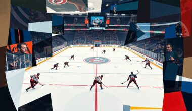 A fragmented, geometric painting depicting a hockey game between two teams, with the players and the action on the ice broken down into abstract shapes and angles in the style of Pablo Picasso.