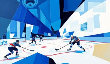 A fractured, geometric painting depicting the motion and energy of a hockey game, with angular shapes and planes representing the players