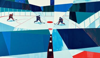 A fragmented, geometric painting depicting the dynamic movements and energy of a professional hockey game, with the players and puck represented as sharp, overlapping shapes in a bold color palette.