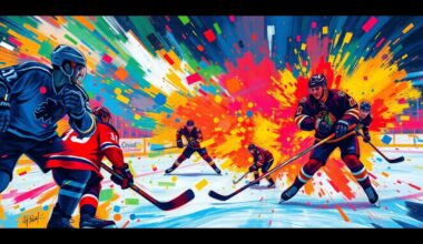 An abstract, energetic painting featuring bold, neon-colored brushstrokes that evoke the fast-paced action and excitement of a hockey game.