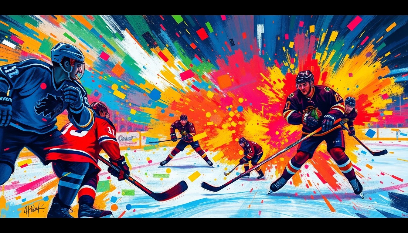An abstract, energetic painting featuring bold, neon-colored brushstrokes that evoke the fast-paced action and excitement of a hockey game.