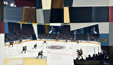A fragmented, geometric painting depicting hockey players in motion, their forms broken down into sharp, overlapping shapes and planes of color.