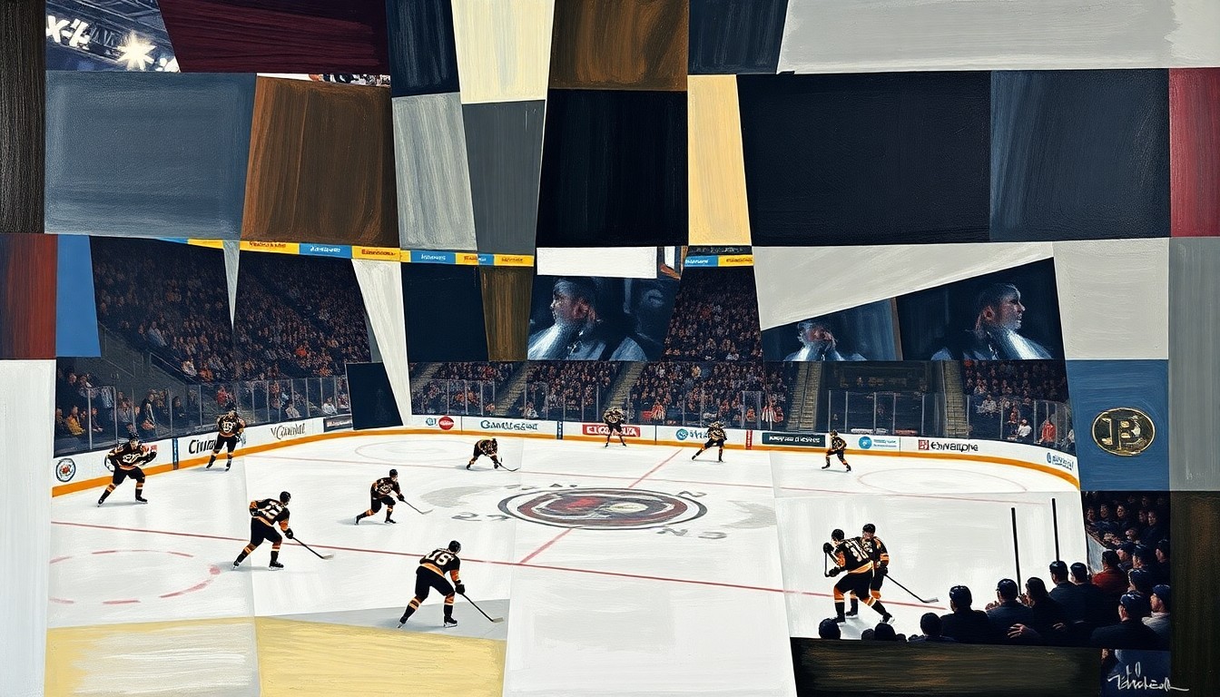A fragmented, geometric painting depicting hockey players in motion, their forms broken down into sharp, overlapping shapes and planes of color.
