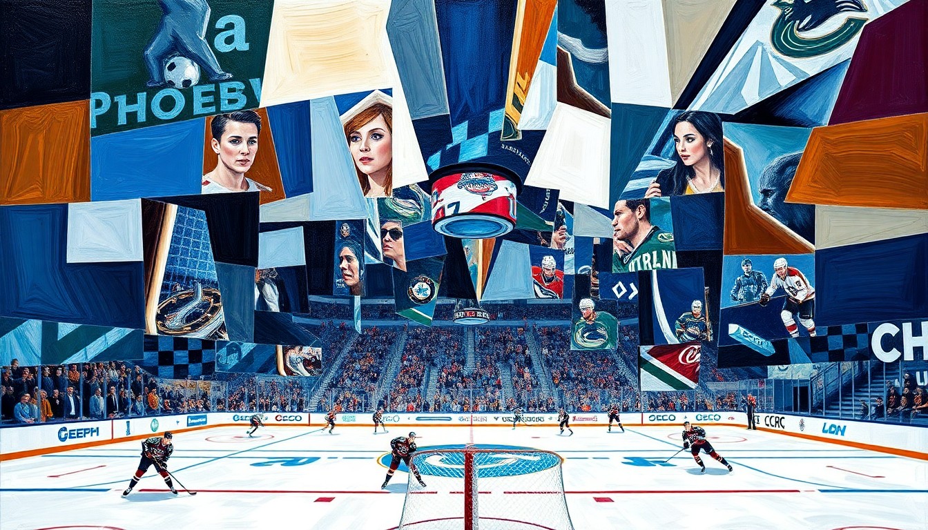 A fragmented, multi-angled painting depicting a hockey game, with players and the rink broken down into sharp, overlapping geometric shapes and planes in a cubist style, conveying the dynamic movement and action of the sport.