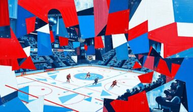 A cubist, geometric painting depicting an NHL hockey game in motion, with players and the puck fragmented into sharp, overlapping shapes in a palette of bright blues, reds, and whites.