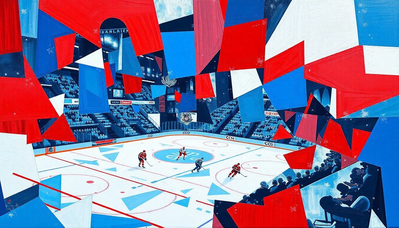 A cubist, geometric painting depicting an NHL hockey game in motion, with players and the puck fragmented into sharp, overlapping shapes in a palette of bright blues, reds, and whites.