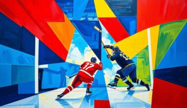 A fragmented, cubist-style painting depicting the chaotic action of a hockey goal, with sharp geometric shapes in bright colors representing the players, sticks, and ice.