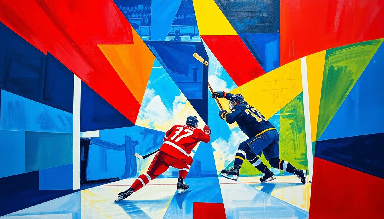 A fragmented, cubist-style painting depicting the chaotic action of a hockey goal, with sharp geometric shapes in bright colors representing the players, sticks, and ice.