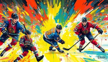 An abstract, expressionist painting in vibrant neon colors, with rapid brushstrokes capturing the raw energy and intensity of a hockey playoff game, the players