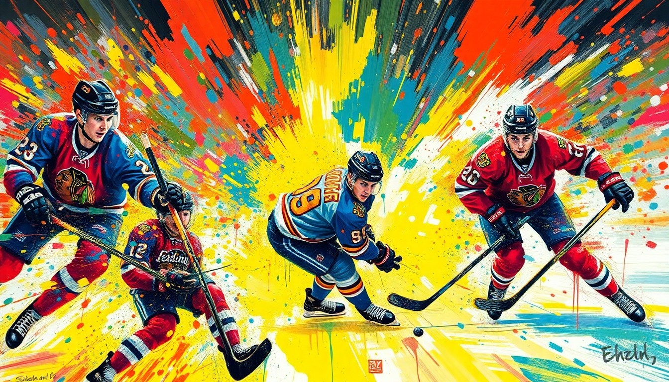 An abstract, expressionist painting in vibrant neon colors, with rapid brushstrokes capturing the raw energy and intensity of a hockey playoff game, the players