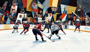 A fractured, geometric painting depicting a hockey game, with players and the ice reduced to angular, overlapping shapes in a chaotic, high-energy composition.