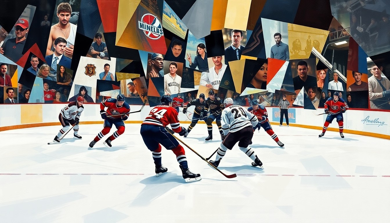 A fractured, geometric painting depicting a hockey game, with players and the ice reduced to angular, overlapping shapes in a chaotic, high-energy composition.