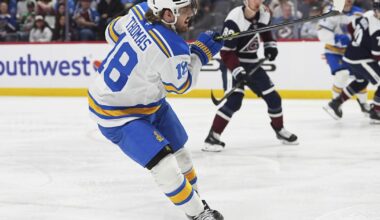 Thomas breaks late tie to complete first hat trick, Blues beat Avalanche 3-2 |