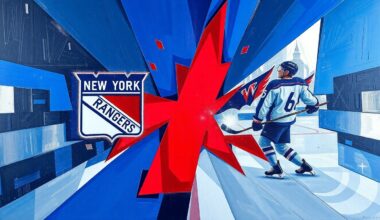 A cubist, geometric painting depicting a hockey game in motion, with players and the puck fragmented into sharp, overlapping shapes in a bold color scheme, conveying the dynamic energy of the Rangers